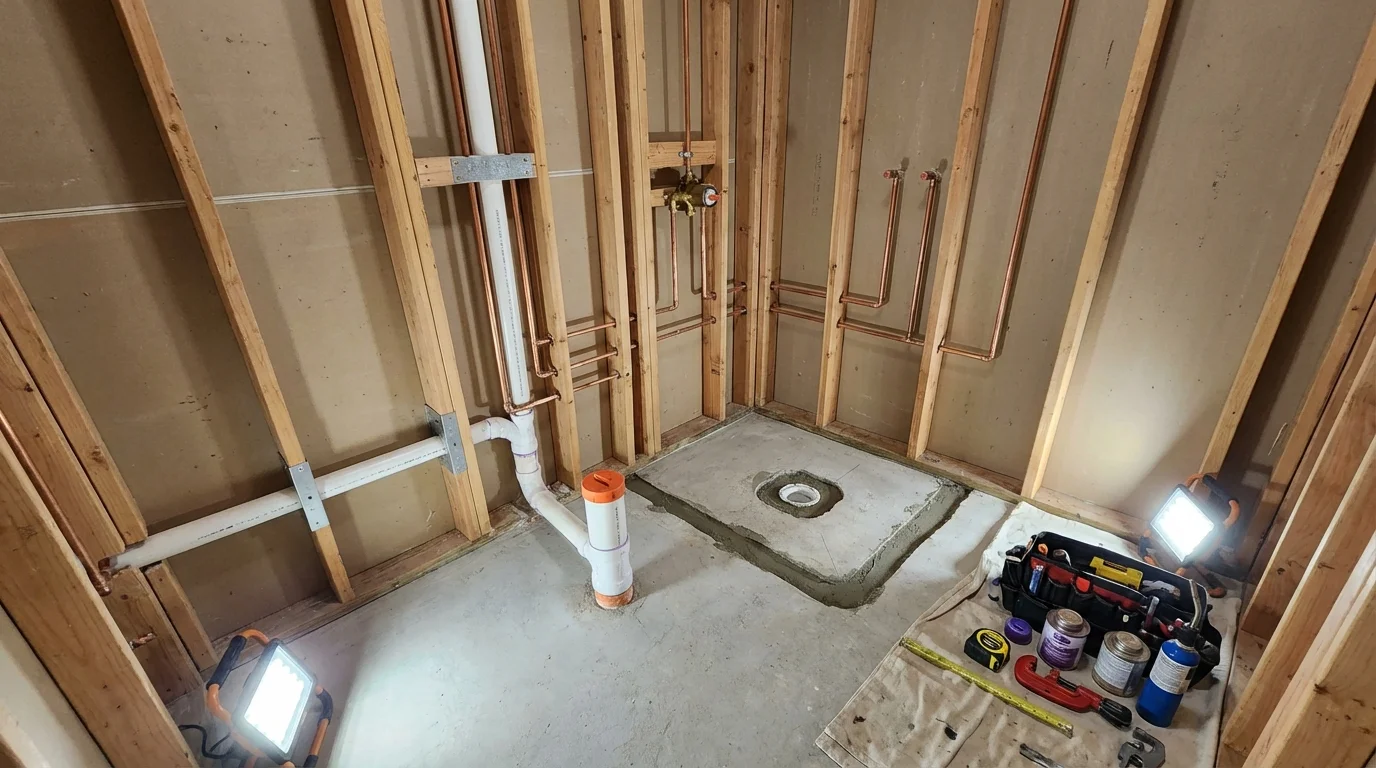 Bathroom rough-in plumbing during remodel by Johns Plumbing LLC in Manito