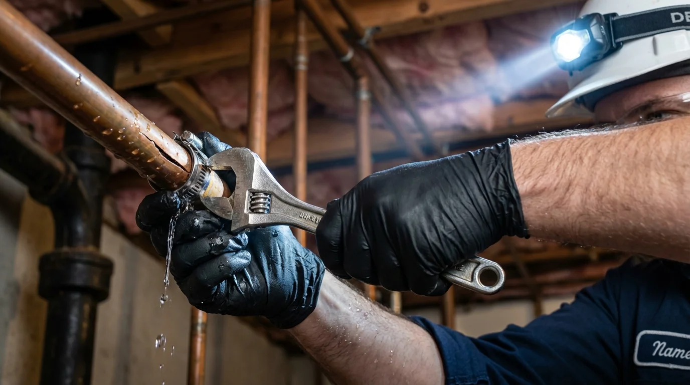 Emergency pipe clamp repair being performed by a Johns Plumbing LLC plumber in Manito