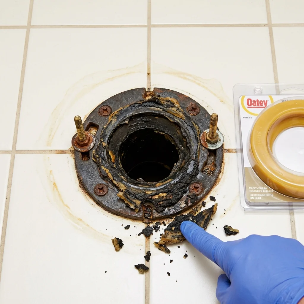 Failed wax ring showing water seepage at the base of a toilet in a Manito, IL home