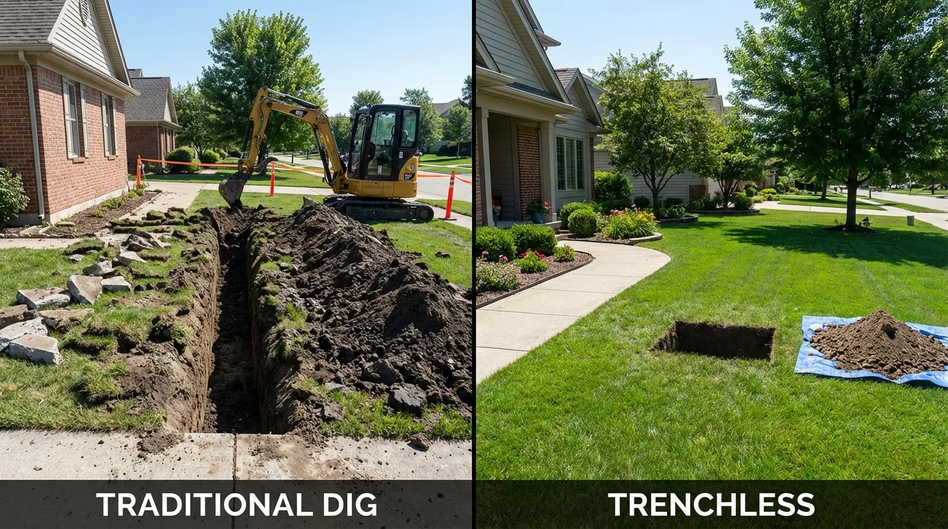 Trenchless sewer repair with minimal yard damage versus traditional excavation in Manito, IL